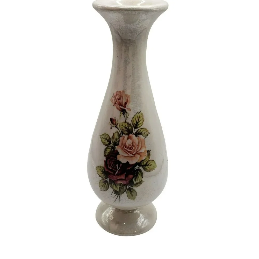 VTG Antique Iridescent Pink Rose Floral Single Stem Bud Vase Signed Fay's Cerami